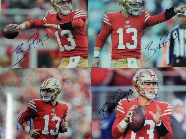 This FIRST TIME offering here at CCSA is a grouping of FOUR full color 8x10 photos of QB Brock Purdy with his SF 49'ers.  Each photo is hand-signed by the young star passer himself, and each can retail into the hundreds all by its lonesome.  The four together?  Right now?  With Purdy's popularity soaring?  Okay, that's enough questions.  Just bid higher than anyone else.  It's that simple!