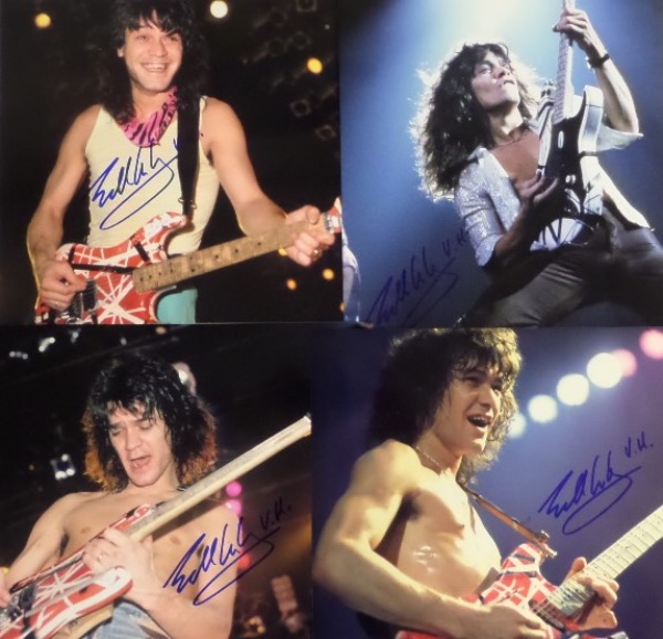 This first time opportunity here at CCSA is a grouping of FOUR different full color photos of legendary guitarist, Eddie Van Halen.  Each is sharpie-signed by the rock and roll HOF'er and icon himself, and with his recent and tragic death, retail is into the low thousands!