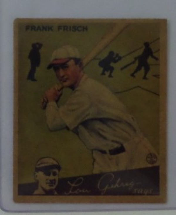 This card #13 from the 1934 Goudey set is of Frankie FRisch and is in VG/VG+ condition with front having touch of corner wear in top left and back has rub/wear marks where it was taped in album. Bottom has some wear also, but VG/VG+ is a FAIR grade for this nice looking and High valued card.