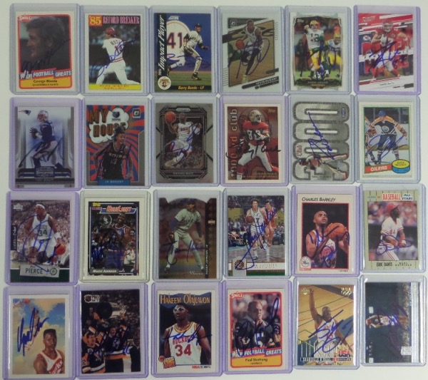 This high value collection is TWENTY-FOUR different superstar trading cards, each hand-signed by the star/HOF'er pictured.  Included are HOF names like Blanda (dec), Wade, Rice, Carew, Messier, Pierce, Magic Johnson, Randy Johnson, Havlicek, Barkley, Wilkins, Lemieux, Olajuwon, Hornung (dec), and Shaq O'Neal, as well as modern superstars like Morant, Durant, Brady and Rodgers.  Awesome grouping of cards, and retail is high hundreds!