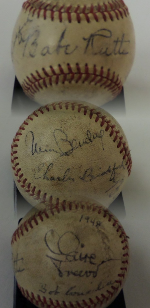 This very old, red-laced baseball shows even aging and toning throughout, and is in G/G+ overall condition.  It is hand-signed across the sweet spot in black fountain pen ink by Babe Ruth, and also on the left/right panels by four stars of the movie about his life, "The Babe Ruth Story."  Included are William Bendix and Charles Bickford on the left panel, and Claire Trevor and author of The Babe Ruth Story, Bob Considine!  Signature have faded evenly with the ball throughout the years, with most grading 5's-6's, and with all five deceased now over 20 years, this RARE baseball that checks both sports and Hollywood boxes is valued well, WELL into the thousands!