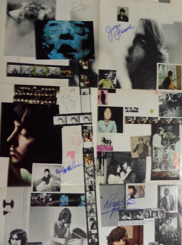 This roughly 22x33 poster is the foldout from the original "The Beatles" 1968 album, better known to the public as "The White Album."  It is in EX/EX+ condition, comes hand-signed by all four Beatles, including John in black ink, and Paul, George and Ringo, all in blue sharpie.  A MUST for framing and display, and retail is well into the thousands!