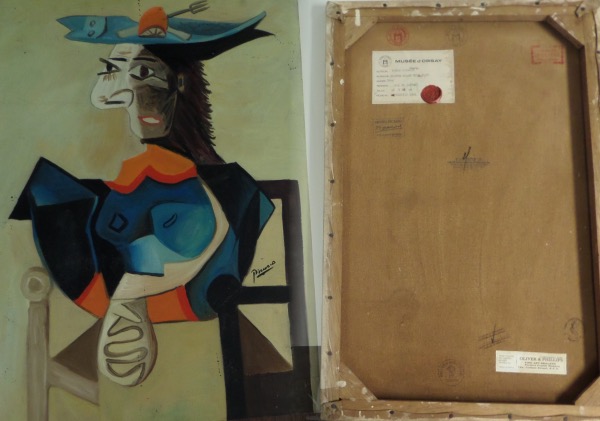 This vintage canvas work is full color, about 14x22 in size, and comes hand signed by the late Master. It has a Fine Art sticker on the back, as well as a Musee D'Orsay Gallery stamp for provenance, and shows his usual abstract scene with a 2-faced colorful man. High value, and sold here with NO reserve! 