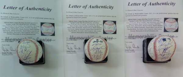 This Official Major League Baseball from Rawlings is cubed in NM condition, and comes hand-signed in blue ink by Manager Terry Francona and 20 of his 2011 Red Sox players.  Included are Kevin Youkilis, Tim Wakefield (dec), Jason Varitek, Jonathan Papelbon, David Ortiz, Dustin Pedroia, Josh Beckett, Jon Lester, Carl Crawford, Adrian Gonzalez, John Lackey and more.  Lots of players from both the '07 and '13 World Champions on this ball, which is double hologrammed by both Global and B&J Memorabilia, as well as certified by The Joe DiMaggio Estate!