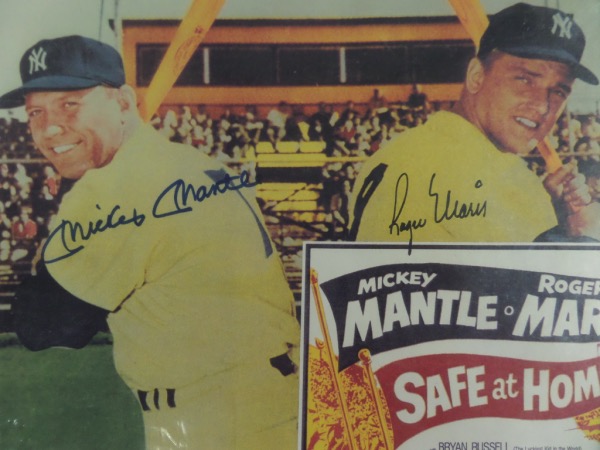 This full color 11x14 lobby card print for the Maris/Mantle movie "Safe At Home" is in NM/MT condition, and comes black/blue sharpie-signed by both New York Yankees MVP outfielders.  The signatures grade 8.5-9's each, and the piece comes with a COA from The Joe DiMaggio Estate for certainty.  Valued well into the hundreds!