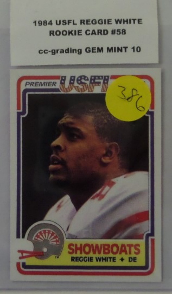 This card #58 from the defunct 1984 USFL card set is the Rookie card of Deceased Hall of Famer Reggie White.  This beauty has been graded Gem Mint 10 by CC-Grading and is valued High!  Great card to add to your collection. 