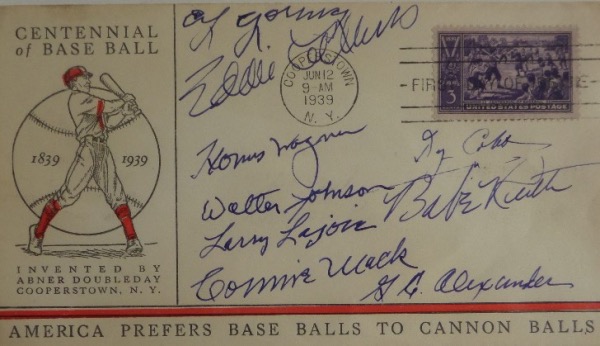 This AWESOME and historic MLB item is an original First Day of Issue Baseball Centennial cachet, stamped from June 12, 1939, and in fabulous condition.  It is had-signed in blue ink by no less than 9 legends of the game, including Cobb, Mack, Alexander, Ruth, Collins, Johnson, Wagner, Young and Lajoie, and it is valued well into the significant thousands!