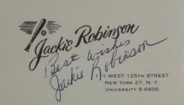 This vintage Jackie Robinson business card is in NM condition, and comes hand signed in black ball point pen ink by the great Brooklyn Dodgers HOF'er and pioneer.  His signature is very clean, grading a legible 8, and will make for a wonderful display on one of his very own business cards.  Valued into the high hundreds!
