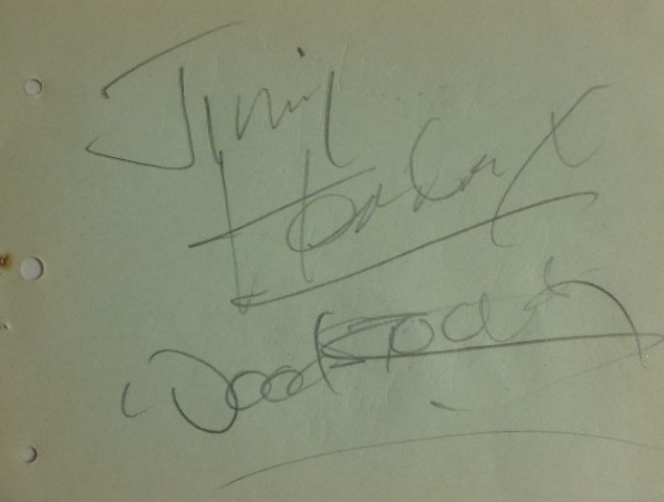 This vintage pale green autograph album page measures 4x5.5 or so.  It is in EX/MT condition, and comes green ink signed boldly by the popular music guitar innovator, extraordinaire, Jimi Hendrix!  This signature is a very nice example, grading a legible 8 or better, with Woodstock added as an inscription, and will make a wonderful display when framed with the photo or album of your choosing!