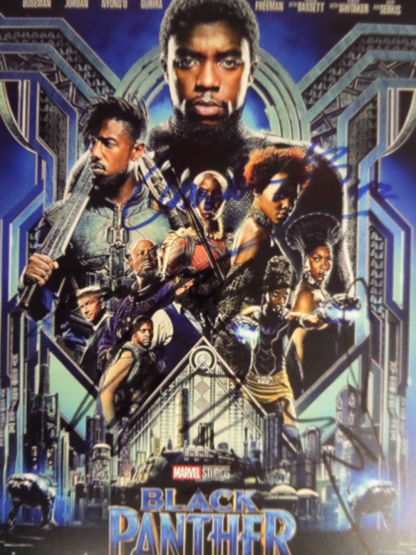 This full color print of an original "Black Panther" movie poster measures 8.5x11, and comes hand-signed by 4 stars of the Academy Award-nominated Marvel movie.  Included are Chadwick Boseman (dec), Michael B. Jordan, Lupita N'Yongo, and Letitia Wright.  A fabulous addition to any Marvel collection, and retail is mid hundreds!