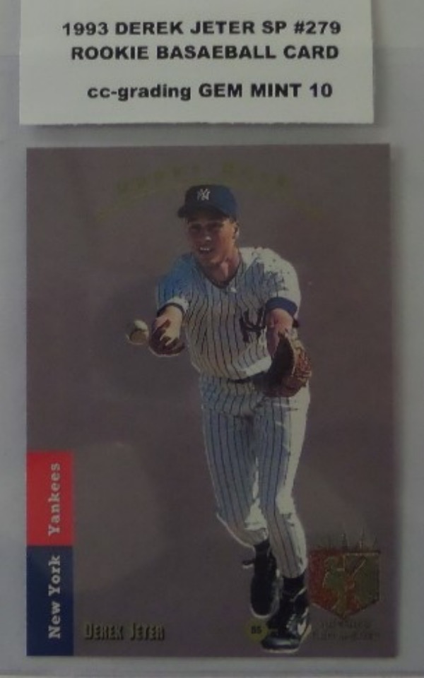 This ROOKIE card of Derek Jeter is his 1993 SP card #279 and comes graded GEM MINT 10 by CC-Grading and looks gorgeous in every way. The value of this beauty is near $3500 and a great investment card.