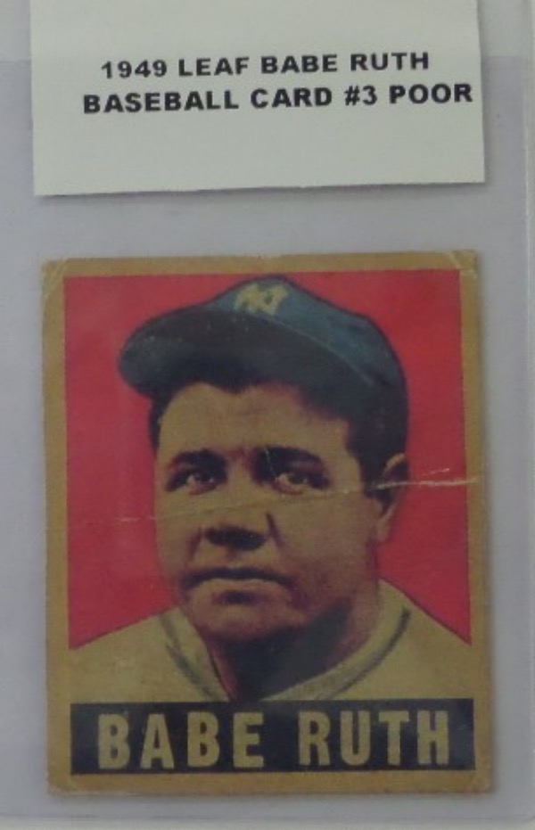 This baseball card from 1949 Leaf is card #3 and of BABE RUTH, with the red background.  This card is in POOR condition with creases and stains evident,and corner wear.  The back has creases evident, and some paper loss. Great card of the BABE without the Thousand dollar price tag.