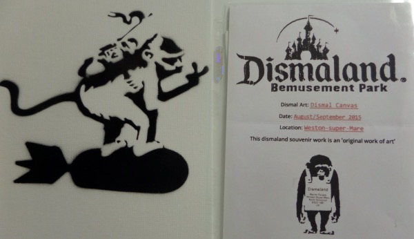 This 8.5"x10" piece on thick canvas is typical Banksy and shows a monkey riding an atomic bomb.  It comes with the "Dismaland Bemusement Park" COA from 2015 for authenticity and is ideal for framing. Rare to find this popular street artists originals. 