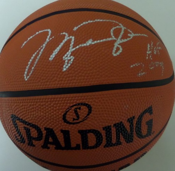 This mint must have ball is silver paint pen signed by the best EVER, and across the whole panel. It is a new Spalding ball, shows off well from 15 feet away, and value with the included InPerson Authentics COA is sky high. The date "2009" is a bit light from the paint pen, but the added HOF stat is a winner. 