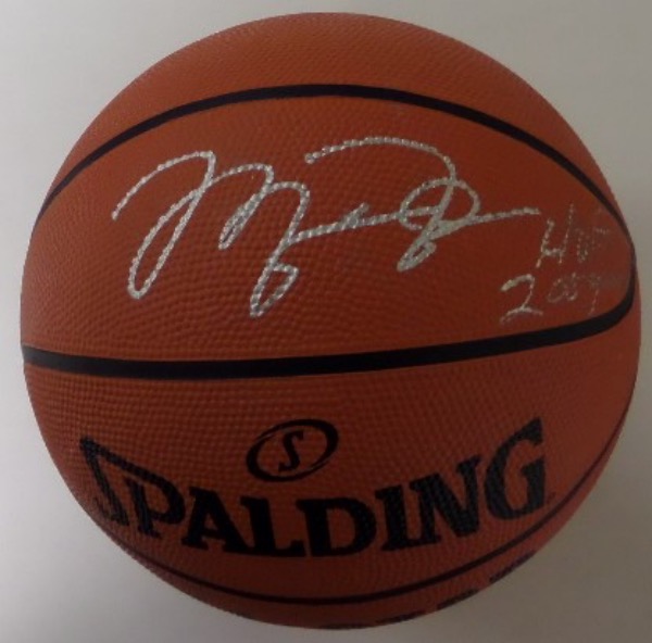 This mint must have ball is silver paint pen signed by the best EVER, and across the whole panel. It is a new Spalding ball, shows off well from 15 feet away, and value with the included InPerson Authentics COA is sky high. The date "2009" is a bit light from the paint pen, but the added HOF stat is a winner. 