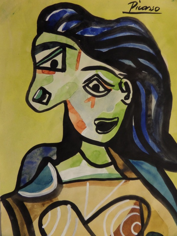 This non certified work is top corner signed by the Master, measures near 11x14 in size on vintage paper, and shows a 2-faced woman in many colors. It is a quality watercolor from Pablo, has NO markings on back, and is valued at ??