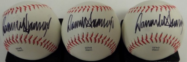 All 3 of these balls are gem mint clean, white and perfect, and all come IN PERSON obtained and black sharpie sweet spot signed by our much maligned former President. All 3 are clean and bold, value is well over a grand on the Rawlngs lot, and as always, we'll sell em' with NO reserve! 