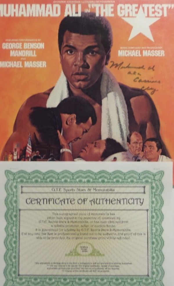 This original 1977 "Muhammad Ali in The Greatest" original soundtrack LP album is still in EX/MT condition, and comes hand-signed by The Greatest on the front cover!  The black felt tip marker signature grades an overall 7, with an AKA Cassius Clay inscription added, and the piece is authenticated by GTE Sports Stars & Memorabilia for certainty.  Valued into the very high hundreds!