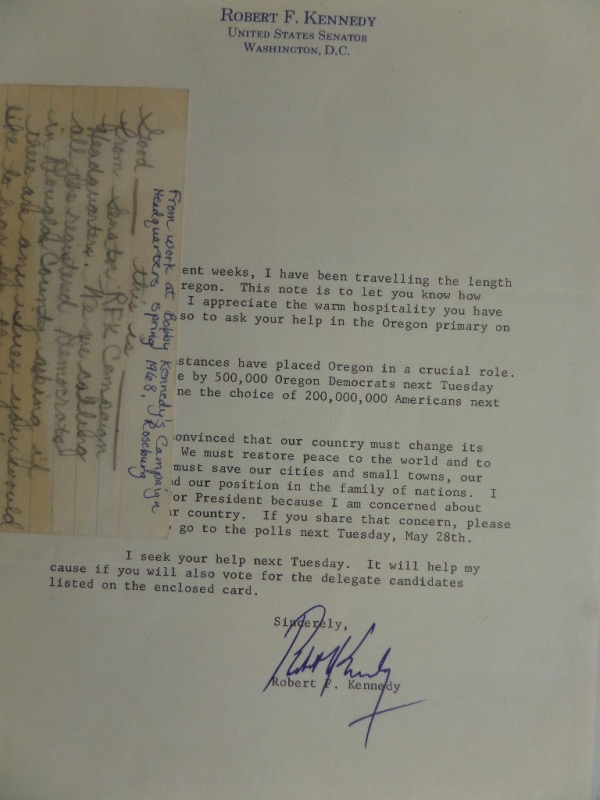 This roughly 7x10 type-written letter is in EX/MT condition, and is on Robert F. Kennedy United States Senator letterhead.  It is a stock letter to an "Oregonian" asking for support in the state's 1968 primary, and comes hand-signed at the bottom in blue ink by the Attorney General, US Senator, and would be US President, Robert F. Kennedy.  This is a fantastic signature, grading an overall 8.5, and with his death mere weeks from the sending of this letter, retail is low thousands, to be certain!