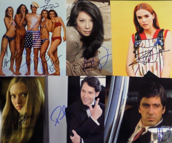 This group lot is ideal for celeb collector's, and can also be a HUGE moneymaker for dealers as well.  It includes TWENTY-FIVE different 8x10 photo, each penned by the celeb(s) shown.  Included are an "American Pie" cast signed photo, Lucy Liu, Amanda Seyfried, Christina Applegate, Zoe Saldana, Drew Barrymore, Paul Rudd, Kevin Costner, Al Pacino, Pam Anderson, Katie Holmes, Anna Kendrick, Michael J. Fox, and more.  AWESOME celeb lot, and retail is low thousands!