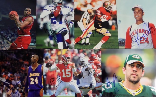 This fantastic collection is perfect for both dealers and collectors, and includes TWENTY 8x10's, each hand-signed by the athlete depicted.  Included are HOF names like Charles Barkley, Deion Sanders, Jerry Rice, Aaron Rodgers, Patrick Mahomes, Kobe Bryant (dec), Tony Perez, Pete Rose, Bo Jackson and more.  AWESOME lot here, and retail is low thousands with such star power!