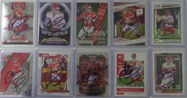 This fantastic group lot is TEN different Patrick Mahomes Panini football cards, each in NM/MT condition, and each from 2020-2023.  Every last card here is blue or black sharpie-signed by the superstar Chiefs passer himself, and each and every card here can retail into the hundreds by itself!