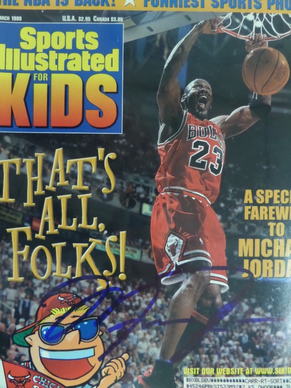 This March 1999 Sports Illustrated for Kids: A Special Farewell To Michael Jordan magazine is still in EX/MT shape overall, with a color image of the HOF'er on the cover.  It is hand-signed beautifully in blue sharpie by MJ himself, will frame and display beautifully, and retail is high hundreds!