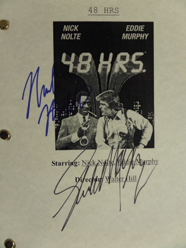 This many page actual script is from "48 Hours", and comes front page signed by both Eddie Murphy and Nick Nolte. It grades a clean bold 10 all over, and sells here with NO reserve! 
