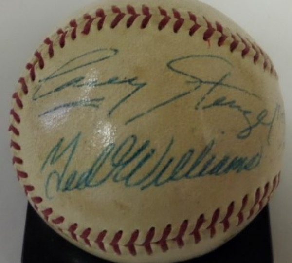 This very old Official National League Baseball from Spalding is cubed in VG overall condition.  Across the sweet spot is written HALL OF FAME JULY 25, 1966, COOPERSTOWN, NY, and that makes sense, because that was the induction year of these two baseball heroes!  Signatures reside on the same side panel, each grading about a 7, and with both men long gone, retail is low thousands!