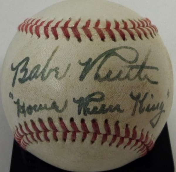 This vintage Official American League Baseball from Reach (Harridge, Pres) is cubed in VG shape, and comes sweet spot-signed in black fountain pen ink by The Bambino himself.  The signature grades about a 6.5, complete with a "Home Run King" inscription added, and retail is well into the thousands!