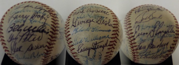 This amazing offering is a vintage Official National League Baseball from Spalding, in VG+ condition, and hand-signed all over by 26 different stars and HOF'ers of the past.  Included are Mickey Mantle, George Kelly (both on one ss), Roger Maris, Burleigh Grimes, Lloyd Waner (the other ss), Gil Hodges, Mickey Cochrane, Rick Ferrell, Jackie Robinson, Larry Doby, Pee Wee Reese, Luke Appling, Stan Musial, George Sisler, Red Ruffing, Roberto Clemente, Ted Williams, Casey Stengel, Nelson Fox, Robin Roberts, Frank Frisch and more, and with pretty much everyone on this ball no longer with us, retail is WELL, WELL into the thousands!