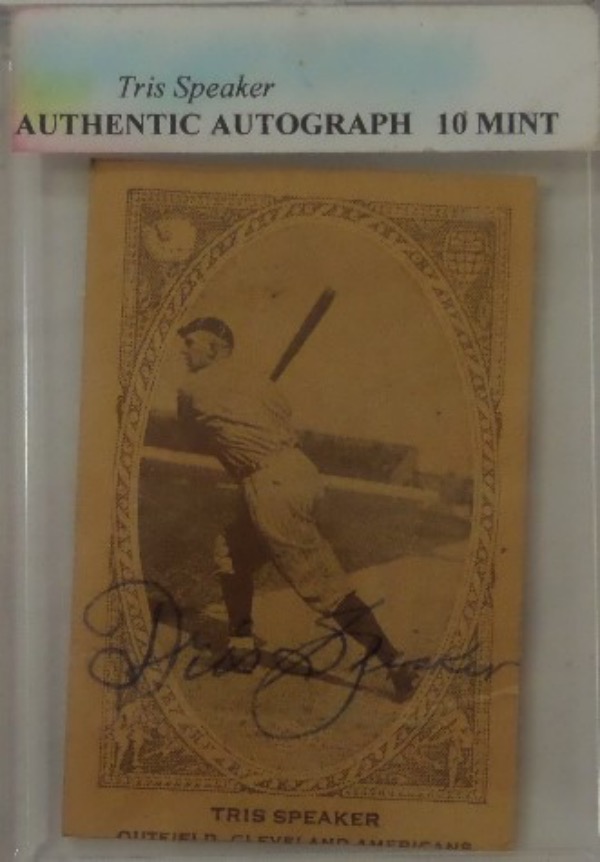 This vintage sepia toned card is from the American Caramel Co., and is a card for the Cleveland Indians, with an image of Manager/star Tris Speaker on the front.  It is most-likely from the late teens to the early 20's, is in EX condition, and comes hand-signed in blue ink by the 1937 HOF Inductee and double/assists all time leader himself.  Valued into the mid hundreds!