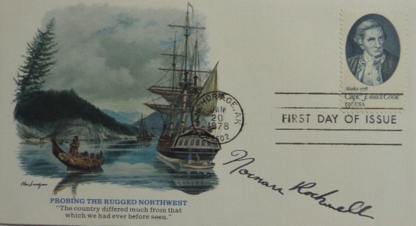 This January 20, 1978 stamped First Day of Issue cachet commemorates the Probing of the Rugged Northwest, and comes hand-signed in black fountain pen ink by the artist most closely-associated with Americana, the great Norman Rockwell!  Signature grades an overall 7, and with Rockwell's death now 45 years ago, retail is mid/high hundreds!