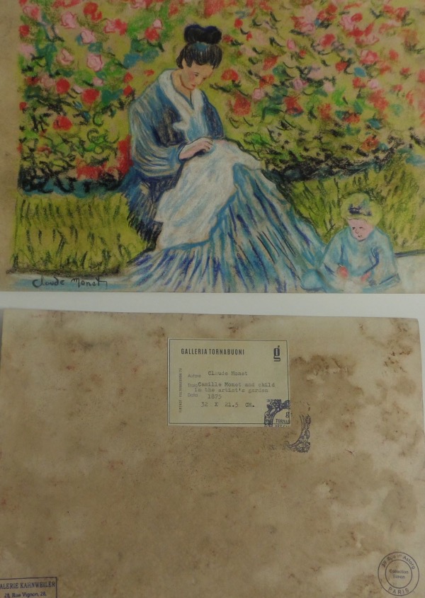 This gem is certified to the max via a Musee d'Orsay full letter, and 4 different gallery stamps remaining on the back side. It is about 11x14 in size, has some water marks on the back side, but NOT on the front, and shows a lady an child in a flower bed in full color. It is signed in a lower corner, and obviously valued at many times our opening bid price. 