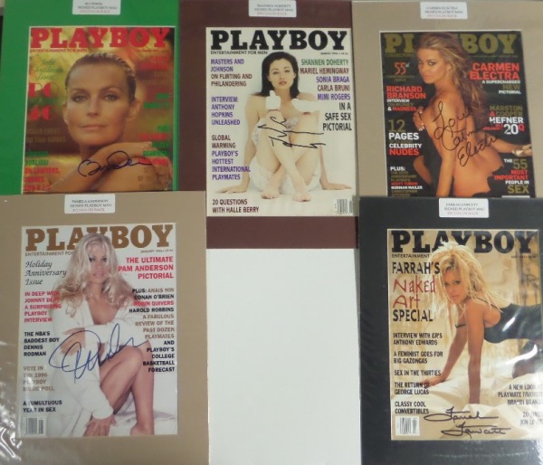 This easy re-sale lot is also perfect for fans of the iconic mens magazine, and features FIVE hand signed color covers, from some of its most popular stars, and most sold magazines. Each page comes custom matted, sharpie signed perfectly, and names are "Farrah Fawcett, Carmen Electra, Pamela Anderson, Shannon Dougherty and Bo Derek. A special lot, and all are clean bold 10's!