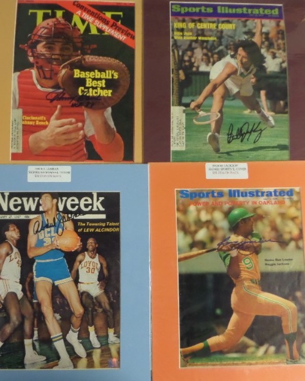 This lot holds FOUR custom matted color magazine covers from the 1970's, and all come hand signed by the noted star perfectly! Names include Johnny Bench on a Time, Reggie Jackson on an SI, Kareem Abdul Jabbar from Newsweek on a Time, and Billie Jean King on an SI. Wow..All are honest 10's, and lot value is mid to upper hundreds with these names. 