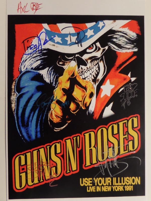 This rare 1991 poster is about 12x18 in size, full color, and from their 1991 NYC "Use Your Illusion" tour. Great artwork, hand signed by Axl Rose and his entire band in sharpie and paint open, and for iron clad certainty, comes with the Man Mobile lifetime letter. Value might be a grand, and show off is easy from 35 feet away!