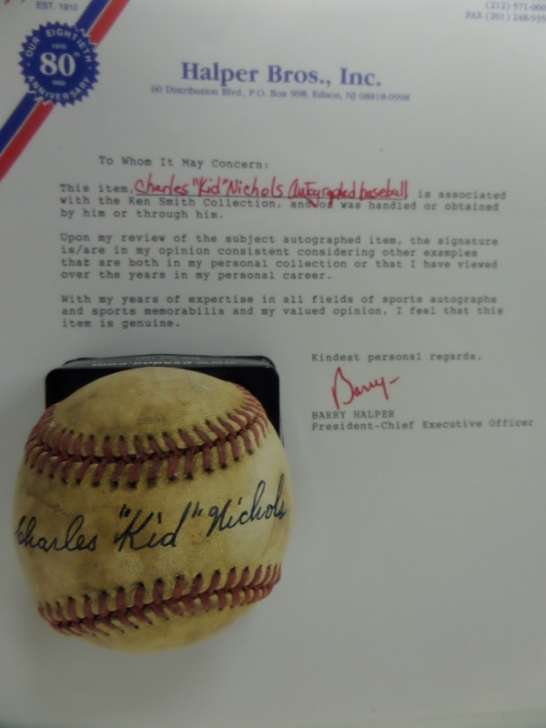 This vintage red laced ball is in G overall condition and comes black ink-signed across the sweet spot by 360 game winner and superstar 1890's Boston Beaneaters hurler, Kid Nichols.  The signature, reading Charles "Kid" Nichols, grades a strong, legible 7 overall, is Halper Bros. Inc. certified, and the ball looks just great.  Retail value here is $5000.00 with a crazy Eddie style minimum bid to begin with!!!!