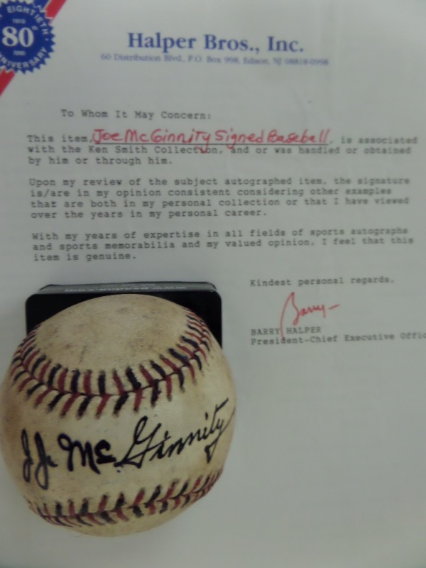 This very old red and black-laced baseball bears no manufacturer's label, and comes to us in G+ condition.  It is hand-signed across the sweet spot in bold black fountain pen ink by Giants "Iron Man" hurler, Joe McGinnity!  The signature, reading J.J. McGinnity, grades an overall 7-7.5, and comes fully certified by Halper Bros., Inc. for authenticity purposes.  Valued into the low thousands, with a REALLY low minimum bid evident!