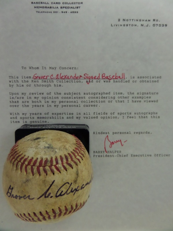 This STUNNING collector's item is a very old, red-laced baseball that kind of looks like it's been through a lot over the years.  It is in F+/G condition, with evidence of toning, shellack and scuffing, and thank goodness for the shellack, because it preserved the signature of Phillies all time great ace, Grover Cleveland Alexander!  The signature grades about a 6.5, and the ball includes a full LOA from Barry Halper for authenticity purposes.  A true all time great, and one of the earliest HOF'ers, and retail is FIVE FIGURES, to be certain!