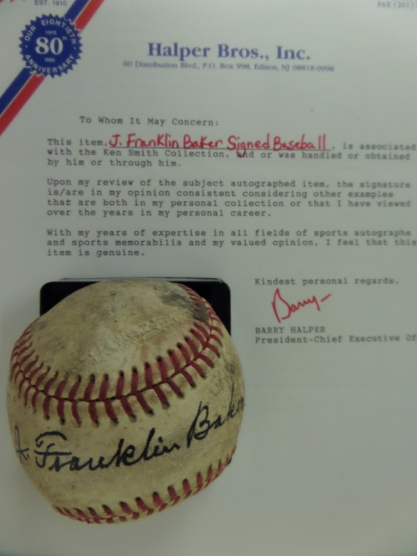 This vintage red-laced and unlabeled baseball is in G overall condition, and comes sweet spot-signed in black ink by Philadelphia A's HOF 3rd baseman, Frank Baker.  The signature grades a legible 7.5, and the ball comes with a full photo LOA from "Halper Bros. Inc." on their own letterhead.  Valued at $3000.00, with a tiny minimum bid evident!
