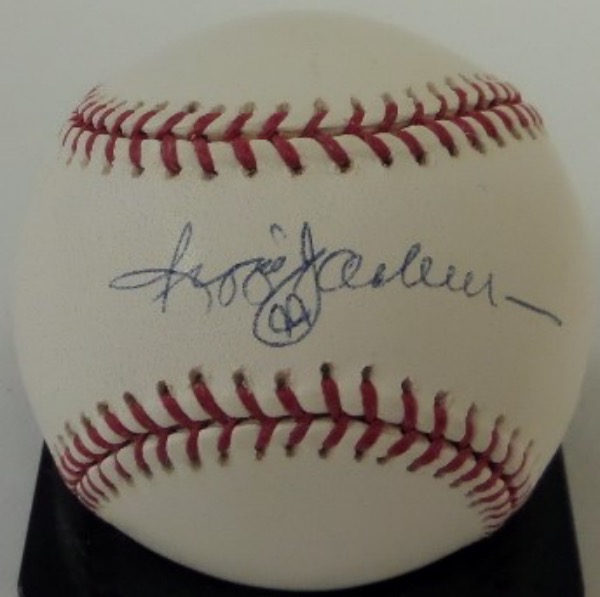 This Official Major League Baseball from Rawlings is cubed in NM condition, and comes hand-signed in blue ink right across the sweet spot by none other than "Mr. October" himself, Reggie Jackson!  The signature grades an overall 8, with his number 44 included, and the ball is affixed from Jackson's own reputable company (A10545) for rock solid authenticity.  Valued well into the hundreds!