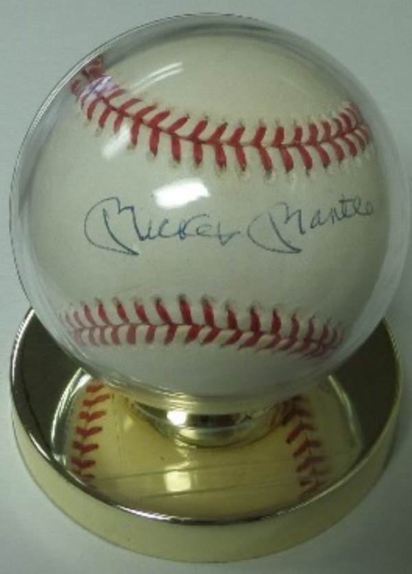 This Official American League Baseball from Rawlings is in VG+ overall condition, and comes hand-signed in blue ink right across the sweet spot by one of the game's true legends, Yankees HOF outfielder, Mickey Mantle.  Signature here is a legible 7, and, according to our consignor, passed a PSA/DNA Quick Opinion on 9/8/21 (#175136, likely genuine). With Mantle gone now over two and a half decades, retail is high hundreds!