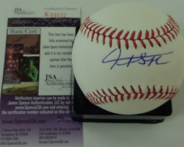 This Official National League Baseball is cubed in NM overall condition, and comes hand-signed right across the sweet spot in blue ink by powerhouse Yankees outfielder/DH, Giancarlo Stanton.  Signature grades a legible 7.5-8, and the ball comes with a JSA COA (K59032) for authenticity.  Valued well into the hundreds!