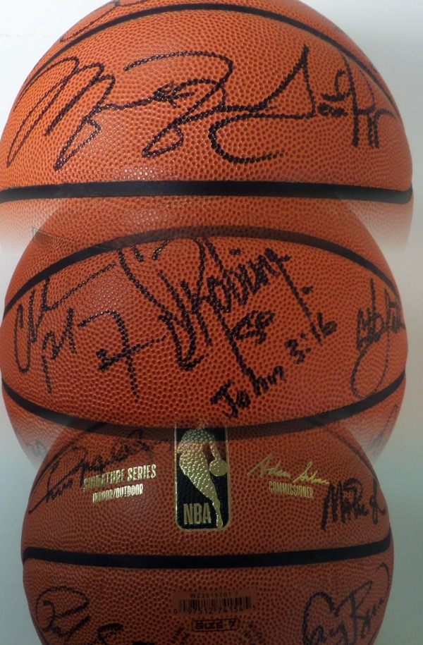 This full size Wilson Signature Series NBA basketball is in NM condition, and comes black sharpie signed by the greatest hoops team ever assembled.  Included are Stockton, Malone, Drexler, Ewing, Robinson, Jordan, Johnson, Barkley, Bird, Mullin, Pippen, and Laettner, and this awesome NBA item will show off proudly in any basketball collection!  Valued well, WELL into the thousands!!!