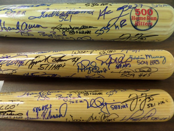 This MINT blonde 500 Home Run Hitters Cooperstown Bat Co. bat comes hand-signed all over the barrel by 25 members of the famed 500 Home Run Club.  Included are Aaron, Jackson, Bonds, Mays, Griffey, McGwire, Thomas, Thome, Robinson, McCovey, Ortiz, Sosa, Cabrera, Pujols, Palmiero, Murray, Sheffield, ARod, Schmidt, Killebrew, Mantle, Williams, Banks, Mathews and Manny Ramirez.  WOW, with so many legends present, and 8 now deceased, retail is well into the thousands, easily!