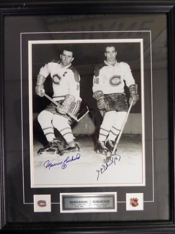 This 19x23 professionally framed and double matted display features NHL and Montreal Canadiens pins, a custom-engraved nameplate, and a large B&W photo of HOF Canadiens brothers, Maurice and Henri Richard.  It is hand-signed in blue sharpie by both all time greats, comes certified by Autograph Authentic, and is ready for your wall!  Valued into the very high hundreds!