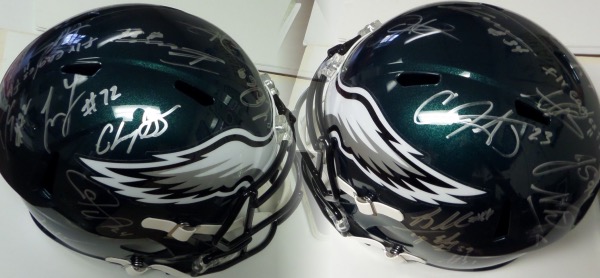 This full size Philadelphia Eagles replica football helmet from Riddell is still in NM condition, and comes hand-signed all over in silver by 16 members of the 2022 NFC Champion Eagles.  Included are Jalen Hurts, Josh Sweat, Ndamukong Suh, T.J. Edwards, C.J. Gardner-Johnson, A.J. Brown, Landon Dickerson, James Bradberry, Darius Slay and more.  AWESOME Eagles item, and retail is low thousands!