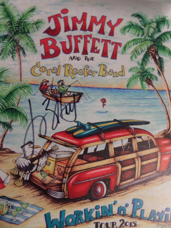 This 18x22 canvas features a "Jimmy Buffett and the Coral Reefer Band Tour 2015" artist's litho print.  It is MINT, ready for framing, and comes hand-signed in black sharpie by the longtime singer-songwriter and performer!  It grades an overall 8.5, and will make for a stunning addition to any music collection in the world.  With Buffett's flame recently extinguished, retail is mid/high hundreds!