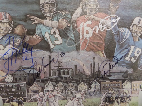 This 18x22 real canvas features a full color artist's litho print of four of the greatest QB's in NFL history.  It is hand-signed by all four, including Jim Kelly, Dan Marino, Joe Montana, and Johnny Unitas, and will look superb when framed for your display.  With all four autographs glowing on this piece, retail is low thousands!